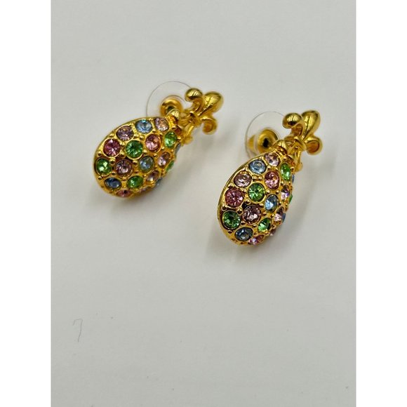 Vintage Signed Joan Rivers Eggs Earrings Pastel Rhinestones Golden Fleur De Lis - Picture 4 of 5